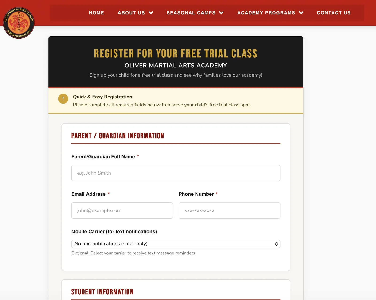 Oliver Martial Arts Academy website homepage