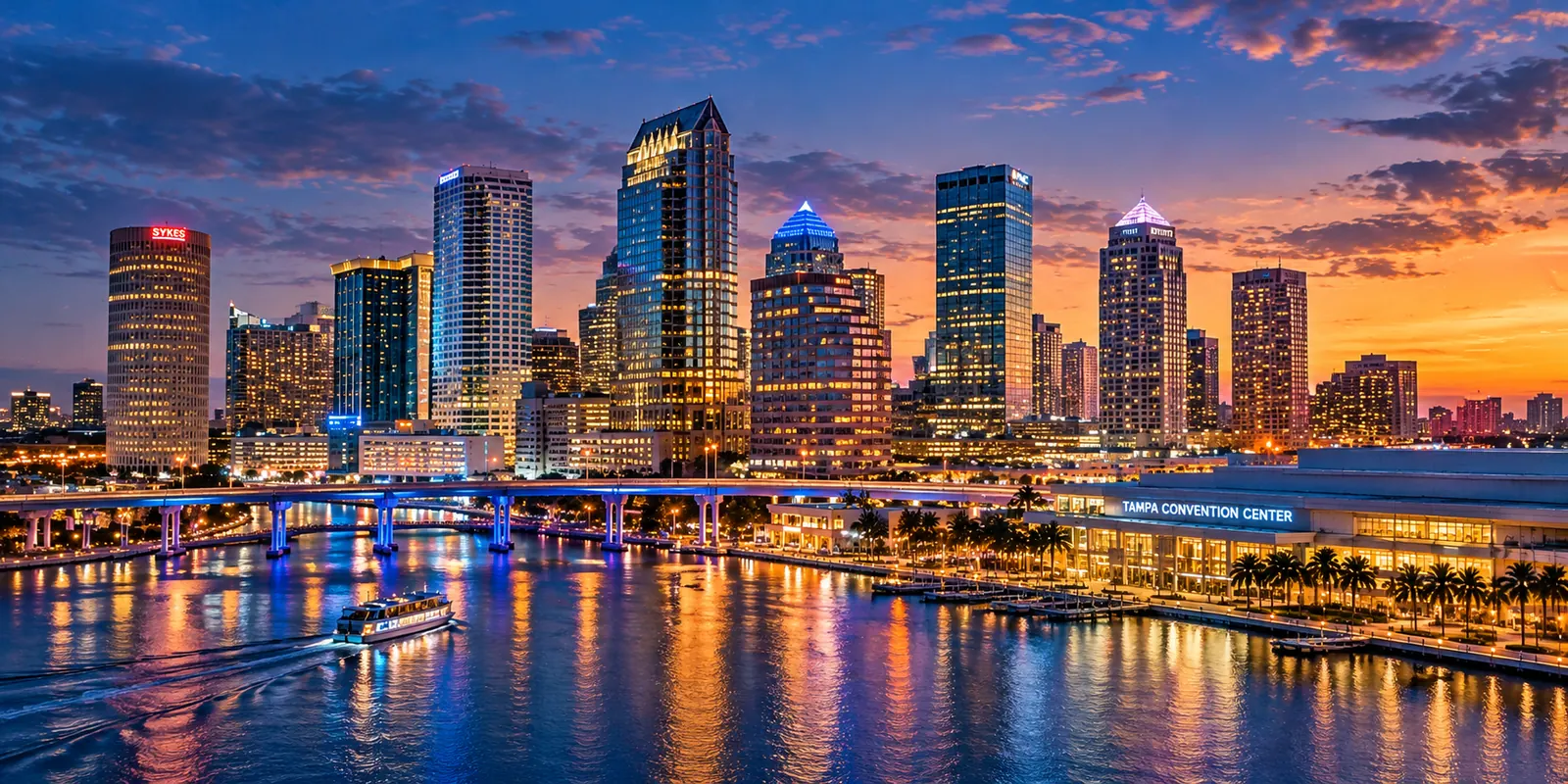 Downtown Tampa skyline over the Hillsborough River at sunset